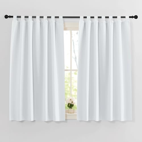 PONY DANCE Gardinen Kurz Schlaufenschal 2er Set - Gardine Küchefenster Vorhang Weiß Blickdicht Thermovorhang gegen Kälte und Hitze Gardinen mit Schlaufen, H 145 x B 140 cm, Grau-weiß