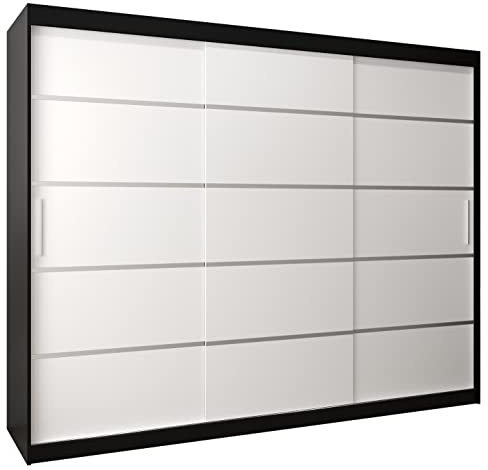 MEBLE KRYSPOL Schwebetürenschrank Verona 1 250 cm Kleiderschrank mit Kleiderstange und Einlegeboden Schlafzimmer- Wohnzimmerschrank Schiebetüren Modern Design (Schubladen: 0, Schwarz + Weiß)