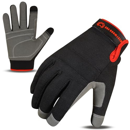 WESTWOOD FOX Gants de travail de sécurité robustes pour homme, gants de jardinage rembourrés anti-épines, protection de la paume, écran tactile, respirants, mécanicien, travail… (Noir, XL)