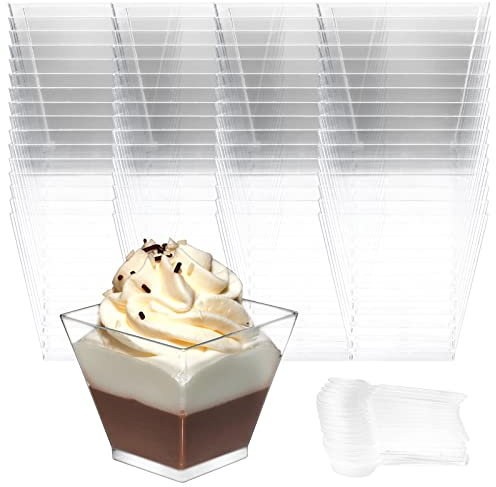 ZOENHOU 80 Stück 210 ml Kunststoff-Dessertbecher, transparent, klein, Käsekuchentöpfe, quadratisch, Mini-Moussebecher für Pudding, Schokolade