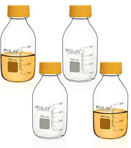 ULAB Runde Medien Laborflaschen Aufbewahrungsflaschen, Vol.500 ml, 3.3 Borosilikat Glasflaschen mit GL45 Schraubverschluss, 4 Stück, URB1037