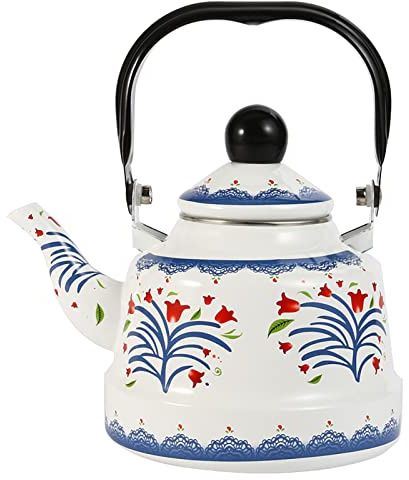 Kettle Enameled Vintage Enamel Kettle Tea Kettle Teapot Coffee Pot with Heat Resistant Handle for Induction, Gas Stove, Wood Burning,1.7L