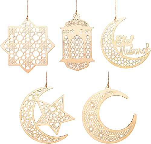 GWHOLE Decoration Ramadan 2026 10Pcs Pendentif Decoration Ramadan Deco Ramadan 2026 Decoration Aid Moubarak Forme Étoile Lune en Bois Décoration Ramadan 2026 Eid Mubarak Deco Eid Mubarak