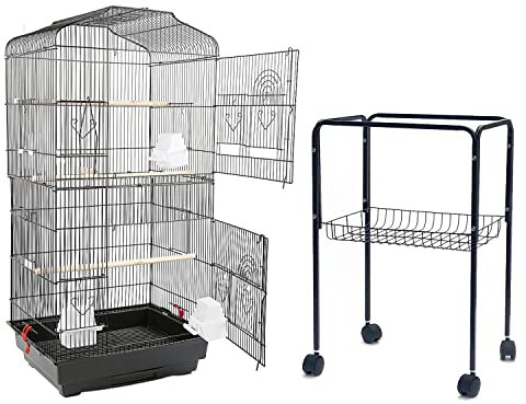 SHISHI Voliere Vogelkäfig auf Füßen, Voliere für Papageien, Wellensittiche, Kanarienvögel, großer Vogelkäfig auf Füßen mit Sitzstangen und Futterstöcken (46 × 36 × 150,6 cm, schwarz)