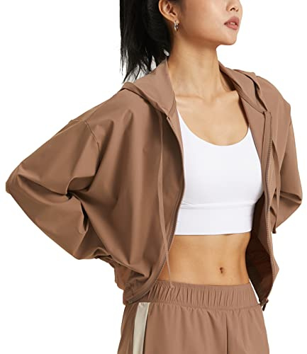 altiland Women's UPF 50+ Sun Protection Cropped Jackets Zip Up Cooling Shirt Athletic Workout Running Hoodie (Cacao Brown, S)