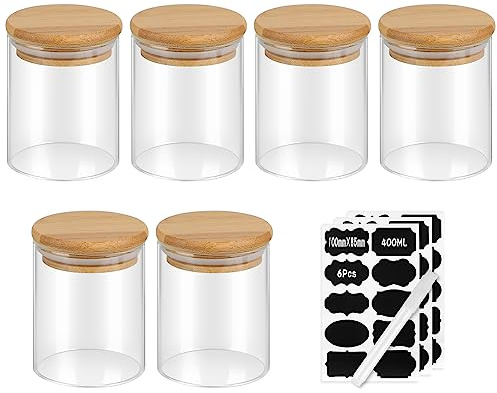 EFUTURETIME Lot de 6 Bocaux en Verre de 450ml, 10.8*8.5*8.5cm, Pot à Épice Hermétique avec Couvercle en Bambou, Boîte Rangement Cuisine avec Étiquette, Bocal de Conservation pour Céréales Noix Poudre