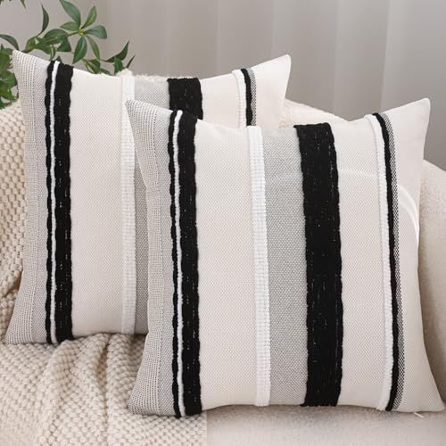 2er Set Kissenbezug Chenille 45x45cm Schwarz-weiße Streifen Dekokissen | Sofakissen Streifen Boho Deko Kissenbezüge für Sofa Wohnzimmer Schlafzimmer Outdoor Kissen