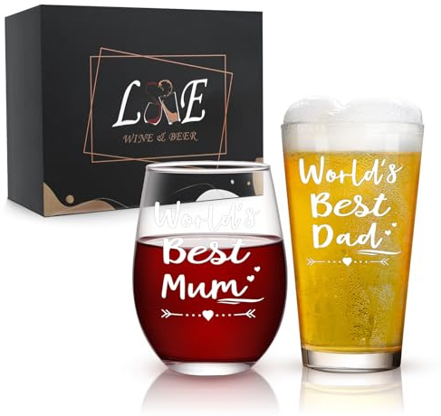 Joymaking Christmas Wine and Beer Glass Set for Dad and Mum - 17oz Glasses for Parents from Daughter and Son