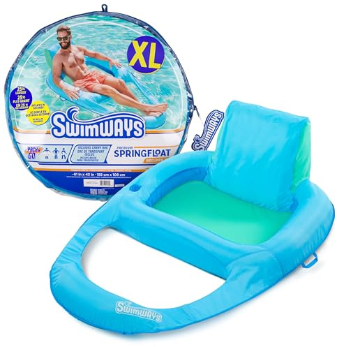 SwimWays Spring Float Premium XL Relaxsessel für Schwimmbad, aufblasbarer Pool schwimmt Erwachsene mit schnellem Aufblasen, Getränkehalter & Fußstütze, unterstützt bis zu 136.1 kg, Blau