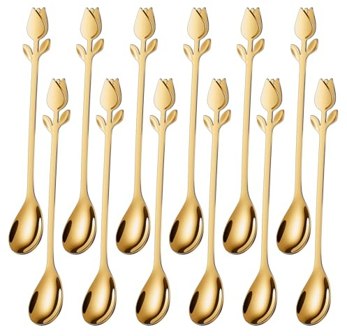 SGVRPVZ Gold Tulip/Rose Handle 12-Pcs Mini Coffee Spoons Set - 6 Stainless Steel for Espresso, Tea, Dessert - Ideal for Demitasse & Small Servings