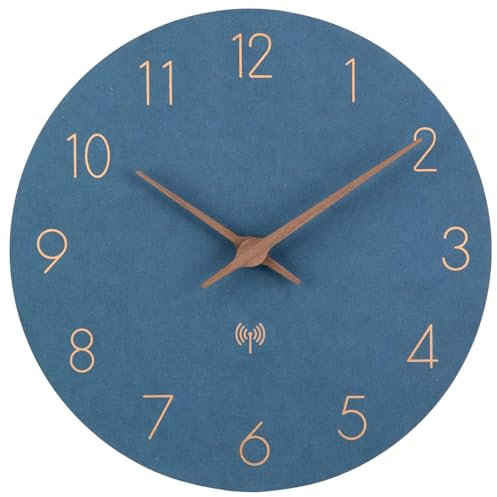 ACCSHINE Orologio da parete radiocontrollato in legno MDF senza ticchettio, silenzioso, batteria al quarzo, grande orologio da parete facile da leggere per stanze, casa, cucina (Blu + numeri arabi)