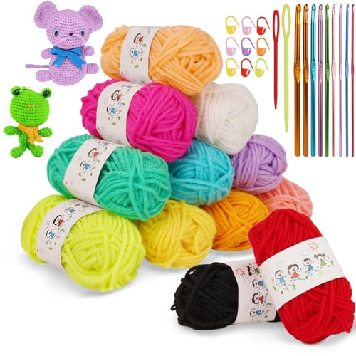 AUAUY 12 Crochet Kit de Manualidades, Hilo Hecho Mano, 12 Colores