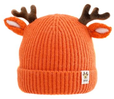 iSpchen Baby Wintermütze Jungen Mädchen Warmer Strickmützen Weicht Baumwolle-Futter mit Geweih Winter Babymütze Neugeborene Mütze Beanie Baumwolle Unisex Erstlingsmütze 8 Monate-4 Jahre alt Orange