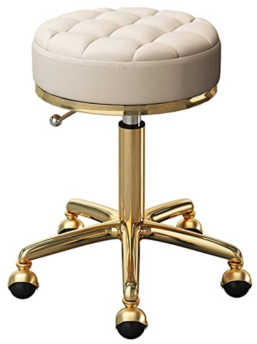 QTQHOME Runder Rollhocker mit Rollen, 360° Drehstuhl, verstellbarer Arbeitshocker, 172 kg Kapazität, goldener Spa-Salon-Hocker, Lash Beauty, Tattoo, Pediküre, Hocker (Sitzhöhe 45 cm ~ 57 cm, weiß)