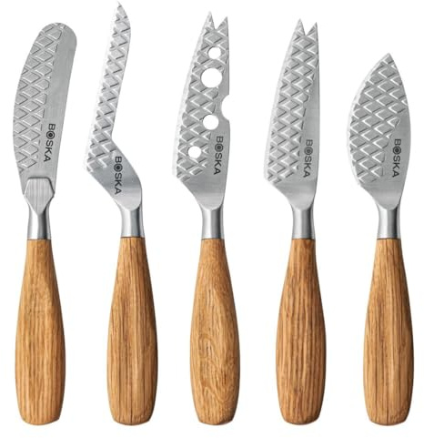 BOSKA Käsemesser-Set Oslo+ Small / 5 Käsemesser/Für alle Käsesorten auf einem Käsebrett/Stilvolles & kompaktes Design/Einzigartige Rhombenstruktur/Edelstahl/Europäische Eiche/Geschenktipp