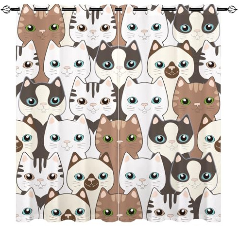 YUANZU Katze Vorhänge Kinder Jungen Mädchen Witzig Tiere Ösen Gardinen mit Blickdichte Vorhang Kälteschutz Blackout Curtain Kinderzimmer Schlafzimmer Verdunkelung Fenster, 2 Stück, H 160 x B 106 cm