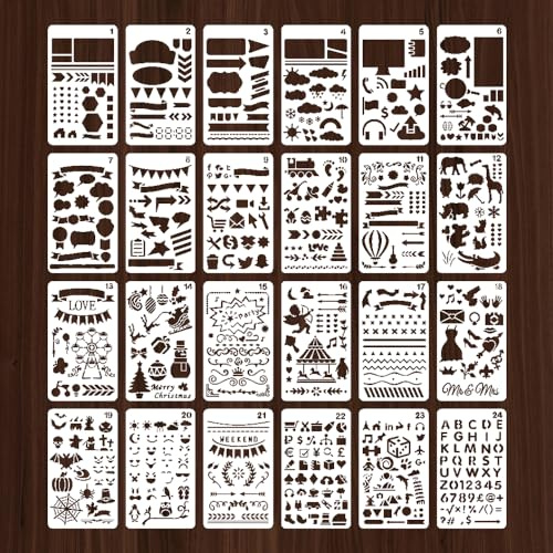 HLIWS Stencil in plastica-24 pezzi stencil per pittura con motivo misto,stencil per artigianato riutilizzabile per diario,pittura,artigianato,quaderno