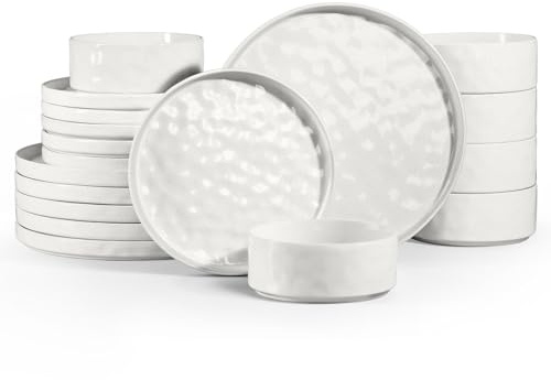 Homikit Dinner Set for 6, 18Pcs Reactive Glaze Stoneware Set, Pearl White