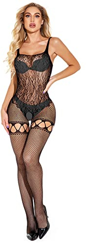 Générique Combinaison Sexy Femme érotique Ouverte Entrejambe Bodystocking Filet Catsuit Collant Bas Resille Lingerie Sexy Femme Coquine Hot Curvy Body Femme Dentelle Transparent Dos (Black, One Size)