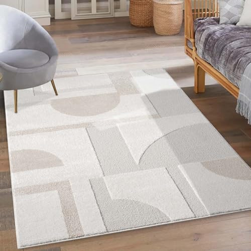 carpet city Kurzflor Teppich Creme - 140x200 cm - Wohnzimmer-Teppiche Hochtief-Muster, 3D-Effekt - Geometrisches Muster - Flachflor Bodenbelag, Deko Schlafzimmer