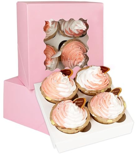 Gcardist 25 Packs Auto-pop Up 4 Cupcake Boxes with Window Pink Cupcake Box 16x16x7.6cm Bakery Boxes For Cupcakes Carrier, Cupcake Containers (6.3x6.3x3 inch)