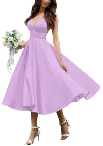 HPPEE WYX566 - Vestido corto de satén para novia, cuello en V, vestido de noche formal, Lila, 46