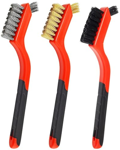 ProBytes Metal Wire Scrub Brush Set 3 Pcs - Stainless Steel / Nylon / Brass Bristles. Soft Grip Handles, Rust Paint Dirt Mould Scraper Remover, Metal Wood PVC Deep Clean Accessories - Orange