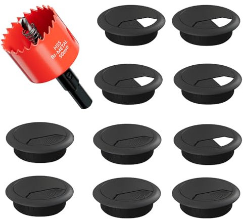 Desk Grommet 50mm (2 inch) - 10 Pack Black Cable Grommet & Desk Hole Cover with Hole Saw for Cables, Cord Management for Office, TV, and Home Table