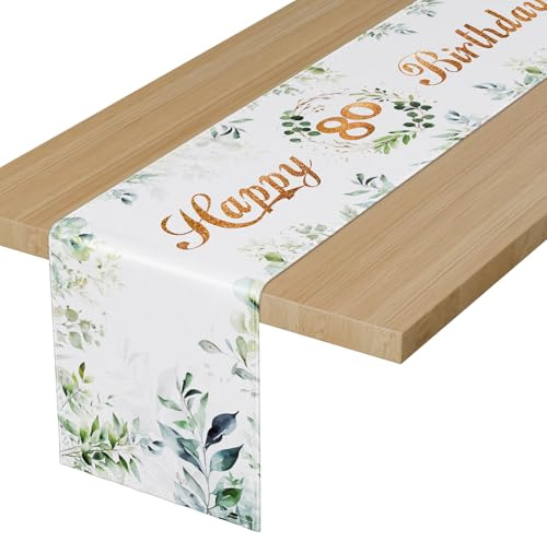 BEKOIUP Tischläufer 80. Geburtstag Grün, Happy Birthday Tischläufer Eukalyptus, Tischdecke Leinen Deko, Tisch Deko für Kinder Mädchen Jungen Party Dekoration 183 x 33cm