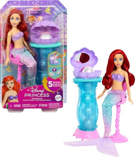 Princesses Disney Ariel Secrets de Perle Coffret poupée avec queue amovible et coiffeuse, 5 surprises réutilisables et 5 accessoires, JBF86