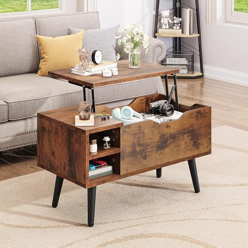 YITAHOME Mesa de Centro Elevable con Compartimento Oculto, Estante de Almacenamiento Ajustable, Elevador de Resorte, Mesa de Centro con Almacenamiento para Sala de Estar, 80x40x61,5cm, Marrón Rústico