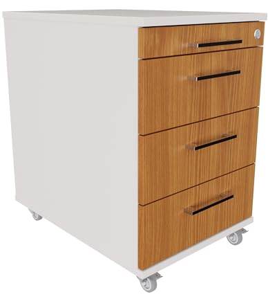 EIGENTLICH Rollcontainer 60 cm tief, 3 Schubladen und Materialauszug, Rollwagen B43xT60xH65 cm abschließbar, Schreibtischunterschrank versch. Farben (Korpus Lichtgrau, Front Buche)