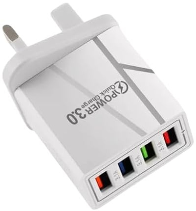 4-Port Fast USB Wall Charger 3.0 Quick Charge Hub Adapter for Phones, Tablets | UK Plug (White)