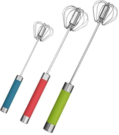 3 PCS Stainless Steel Whisk, Egg Beater, Hand Push Mixer, Anti Rust Durable Rotatable Manual Whisk, for Mixing Eggs, Coffee, Drinks, Milkshakes, Whipped Cream, Mayonnaise
