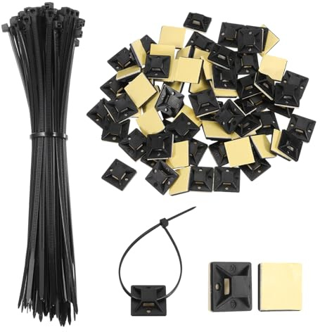 sourcing map 100Set Cable Tie Zip Self Adhesive Mounts Set 6 Inch Nylon Cable Tie Mount Base Holder with Sticky Pads for Home, Office, Garden, Workshop, Black