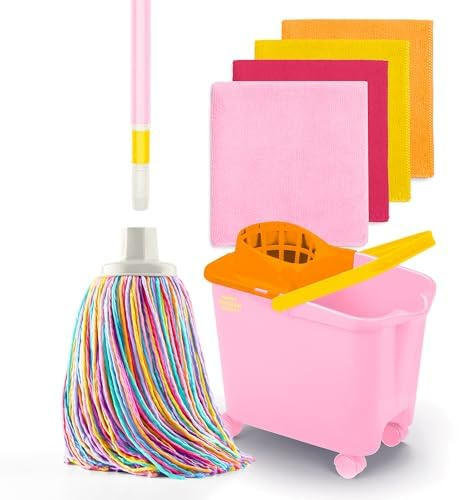 Happy Rainbow - Mocio con Manico Pieghevole, Secchio con Ruote e 4 Panni in Microfibra Riciclata Set di Pulizia Sostenibile per Casa, Pavimenti e Tutti i Tipi di Superfici