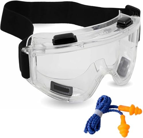neKne Gafas de Protección trabajo, Antivaho, Antipolvo, gafas de seguridad para Laboratorio,Bricolaje y ámbito profesional. Este pack incluye unos tapones para los oidos (transparente)