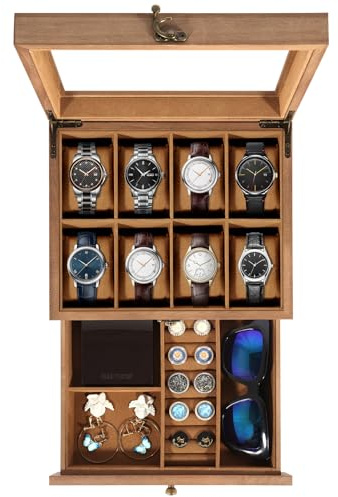 Uten Caja de Relojes con 8 Compartimentos, 2 Niveles Caja para Reloje Madera, Tapa de Vidrio y Almohada Algodón Seda, Forro Marrón, para Exhibición y Almacenamiento de Relojes Joyería