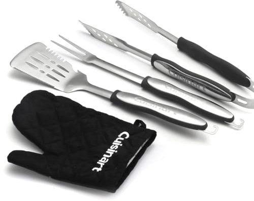 Cuisinart 3 Piece Grilling Tool Set with Grill Glove BBQ Set| BBQ utensils, Stainless Steel grill set | Extra long handled Spatula, Fork and tongs | Heat resistant glove