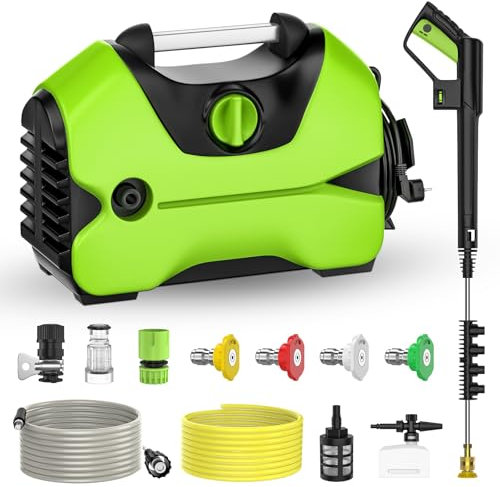 IERAKOR Hidrolimpiadora de Alta Presión, Potencia 1400W, Presión 120 Bar, Caudal 360 L/H, 4 Boquillas, Manguera de Alta Presión 10 M, Pistola de Alta Presión, Hidrolimpiadora Eléctrica Profesional