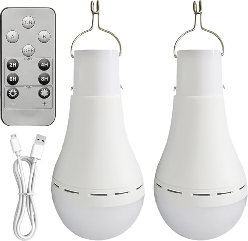 USB Aufladbare Glühbirne: 2 Stück 12W LED Akku Glühbirne mit Haken und Fernbedienung, 3 Modi LED Glühbirnen Batteriebetrieben, Campinglampe Notlicht für Stromausfall im Freien oder im Haus