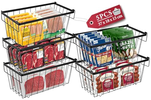SOONHUA 5 Pack Gefrierschrank Organizer Behälter, Stapelbar Truhe Gefriertruhe Körbe mit Griffen Sortieren gefrorenen Lebensmitteln, Sparen Platz, Schwarz