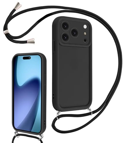 Coalbooliy Cover per iPhone 17 Pro 6,3 con Cordino per Cellulare, Custodia Silicone con Regolabile Collana Sottile Morbida Case Protezione della fotocamera Antiurto con Necklace, Nero