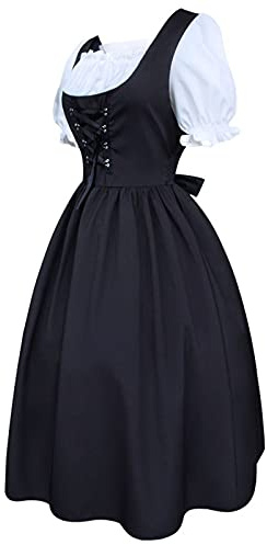 Générique Dirndl pour Femme Midi Oktoberfest avec Tablier Costume Bavaroise Fête de la Bière Traditionnelle Robes à Manches Courtes Blanche Halloween DéGuisement Fille Carnaval (Black, M)