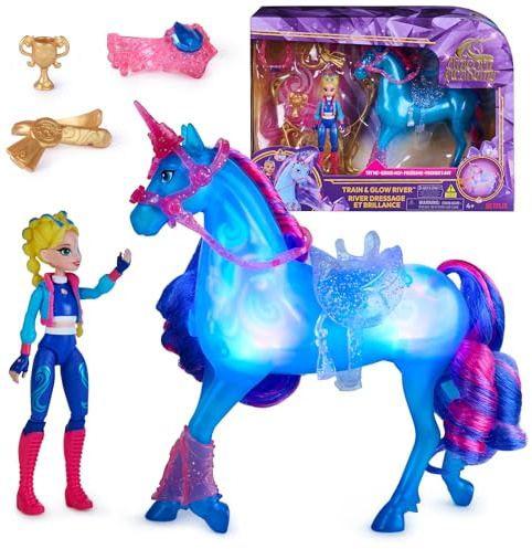 Unicorn Academy, Unicorno Train & Glow River con Isabel, 3 Accessori da Dressage ed Effetto Luminoso, Bambole e unicorni Giocattolo per Bambine dai 4 Anni in su