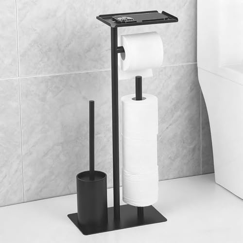 Toilettenpapierhalter mit Ablage & Bürste – Standmodell aus Metall | Für 4 Rollen | Rutschfester Fuß | Bohrfreie Montage | Stylisches Badezimmer-Organizer-Set (Schwarz, 60cm)