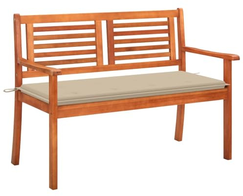 QUAHEAS 2-Sitzer Gartenbank aus Massivholz Eukalyptus 120cm, ergonomische Outdoor Holzbank mit Beiger Auflage, ideale Gartenmöbel für Terrasse und Außenbereich
