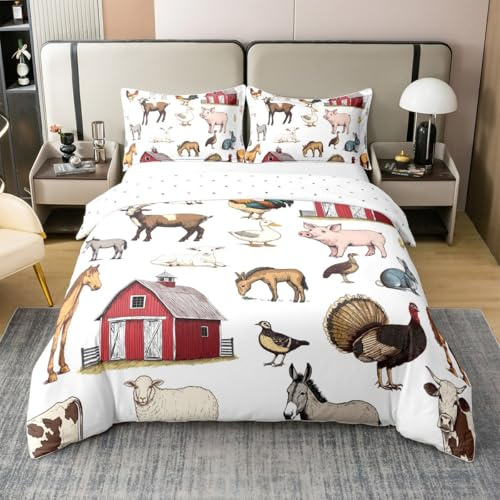 Farm Animals Duvet Cover Set Rustic Farmhouse 100% Cotton Comforter Cover, Horse Chicken Cock Rooster Bull Cattle Cow Queen Bedding Sets, Country Style Sheep Pig Duck Donkey Goose Bed Sets