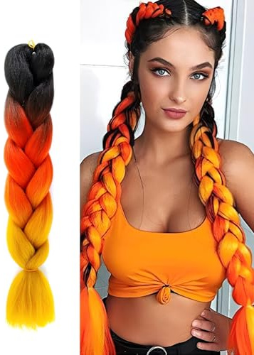 FUGLUS 1 pièce extensions de cheveux synthétiques pré-étirées pour tressage de couleurs mélangées, 60 cm, orange à jaune fluo