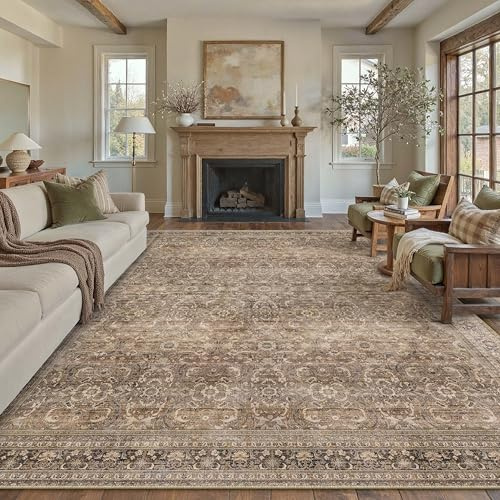 PureCozy Teppich Wohnzimmer 300x400cm Waschbarer Vintage Braun Tepich | Wohnzimmerteppich,Kurzflor Rutschfest,Weich Groß XXL Carpet,Leicht,Schlafzimmer, Esszimmer,Büro